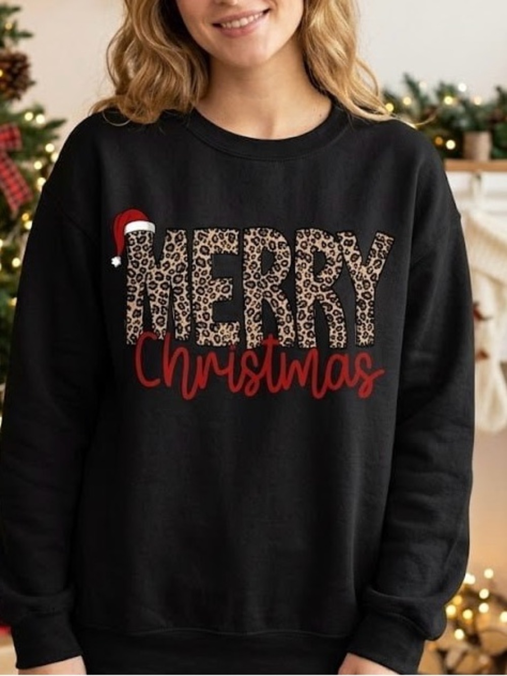 Merry Christmas Leopard Print Santa Hat Graphic Black Crewneck Sweatshirt